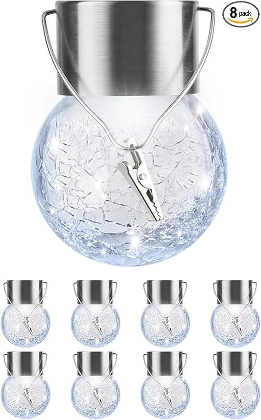 Solar Lights Outdoor Hanging Decorative Globe 8 Pack, Waterproof Solar Lantern with Handle and Clip, Solar Powered Glass Ball Lights for Garden Yard Fence Tree Umbrella Holiday Décor, Cold White-VerdiqueGarden
