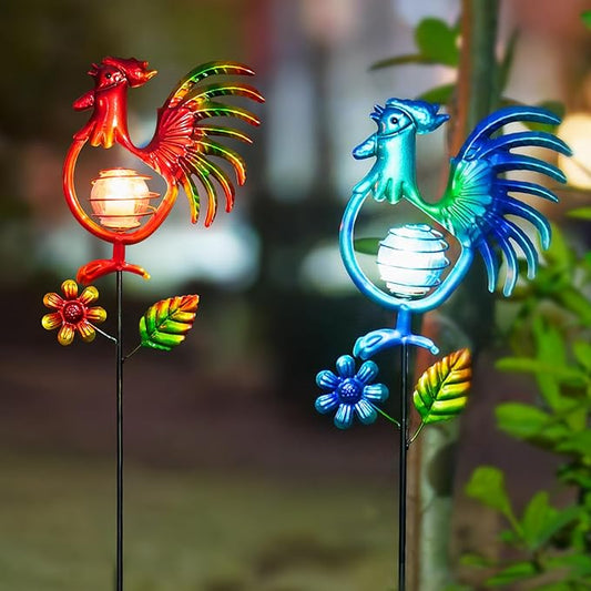 Rooster Solar Garden Lights, 2 Pack Metal Solar Stake Light, 27" H Outdoor Chicken Statues Figurine Lights for Spring Garden Lawn Patio Yard Decoration-VerdiqueGarden