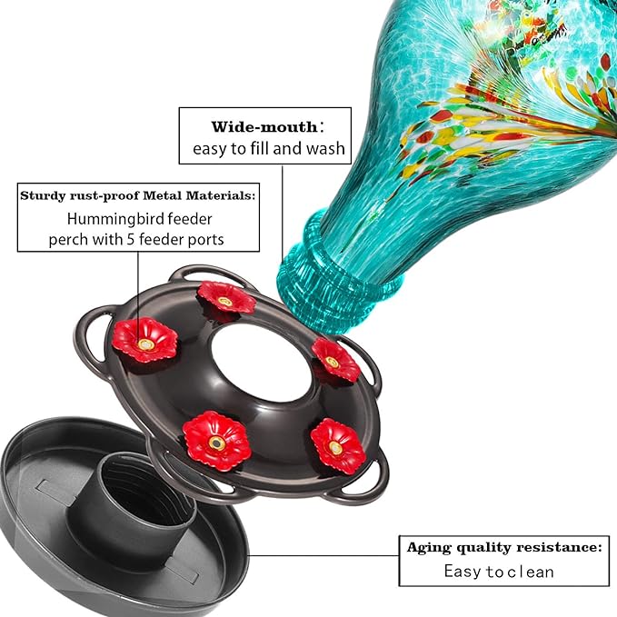 LUJII Hummingbird Feeder, Hand Blown Glass Hummingbird Feeder, Never Fade, 36 Fluid Ounces, 5 Feeding Metal Stations, Much Bigger, Garden Backyard Decorative, Containing Ant Moat (Blue)-VerdiqueGarden