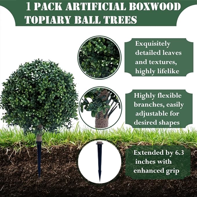23.6 Inches Set of 2 Artificial Boxwood Topiary Ball Tree with Ground Spike, Faux Bushes UV Resistant Faux Greenery Shrubs, Fake Boxwood Plants for Indoor, Front Porch Decor, Garden, Yard-VerdiqueGarden