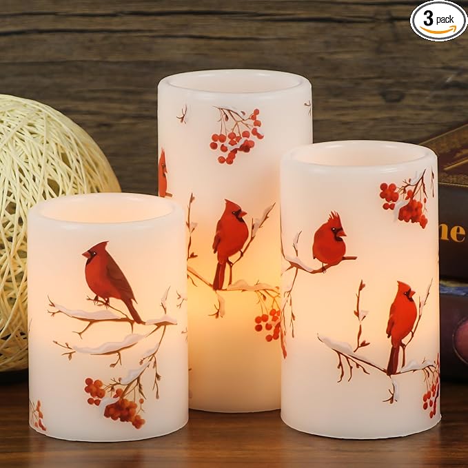 Cardinal Flameless Candles, 3 Pack LED Flickering Pillar Candles with Red Bird Decals, Real Wax Cardinal Home Decor for Halloween Christmas Decor(D3” x H4”5”6”)-VerdiqueGarden