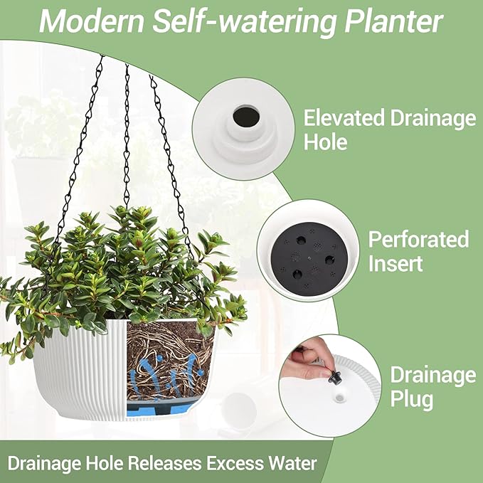 T4U Hanging Planter Self Watering 8 Inch, 2 Pack White Indoor Outdoor Hanging Plant pots, Hanging Flower Pot with Drainage Hole & Plug & Chain with 3 Hooks for Garden Home Decor-VerdiqueGarden