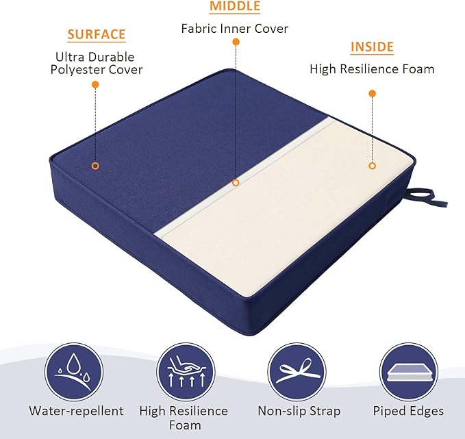 Square Corner Seat Cushions, 18.5" x 16" x 3", Set of 4, Indoor Outdoor Water Repellent Universal Chair Pads with Ties for Patio Furniture, Garden Deck Dining Chairs, Navy-VerdiqueGarden