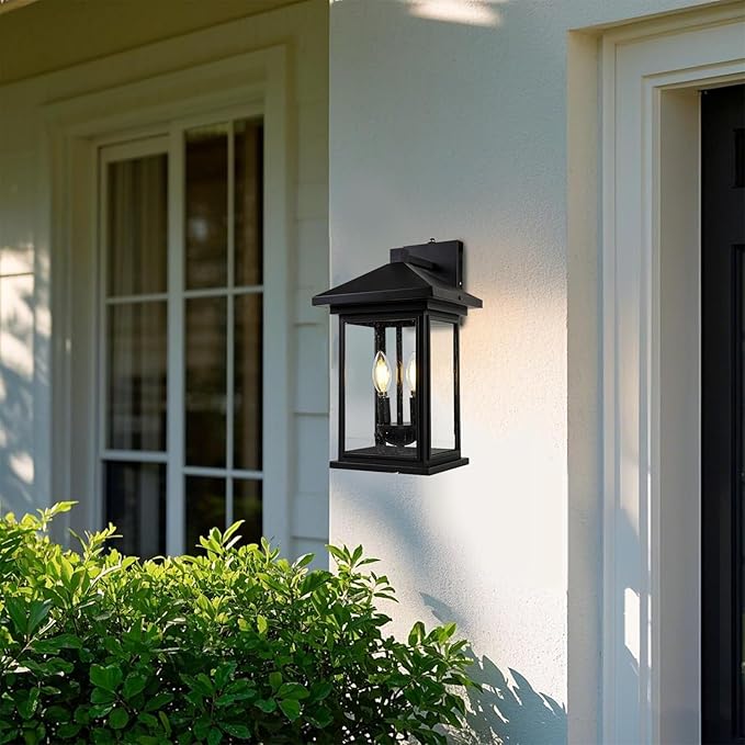Dusk to Dawn Outdoor Wall Lantern, Exterior Wall Sconce Fixture with Tempered Clear Seeded Glass, Matte Black Finish for Outdoors (Large Wall Mount)-VerdiqueGarden