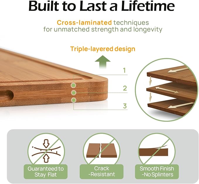Bamboo Cutting Board, Durable Wood Cutting Boards for Kitchen with Deep Juice Grooves & Built-in Handles, Ideal Charcuterie & Chopping for Meat, Vegetables and Fruits Ideas Kitchen Gift for Home Cooks-VerdiqueGarden