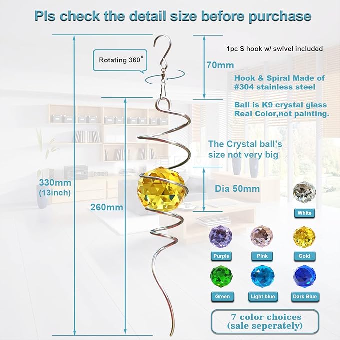 FONMY Gazing Ball Spiral Tail -Decorative Wind Spinner Sun Catcher Rainbow Maker 11 inch Tail and 2 inch Golden Crystal Orb. Indoor Outdoor Garden Decoration -13 inch Height-VerdiqueGarden
