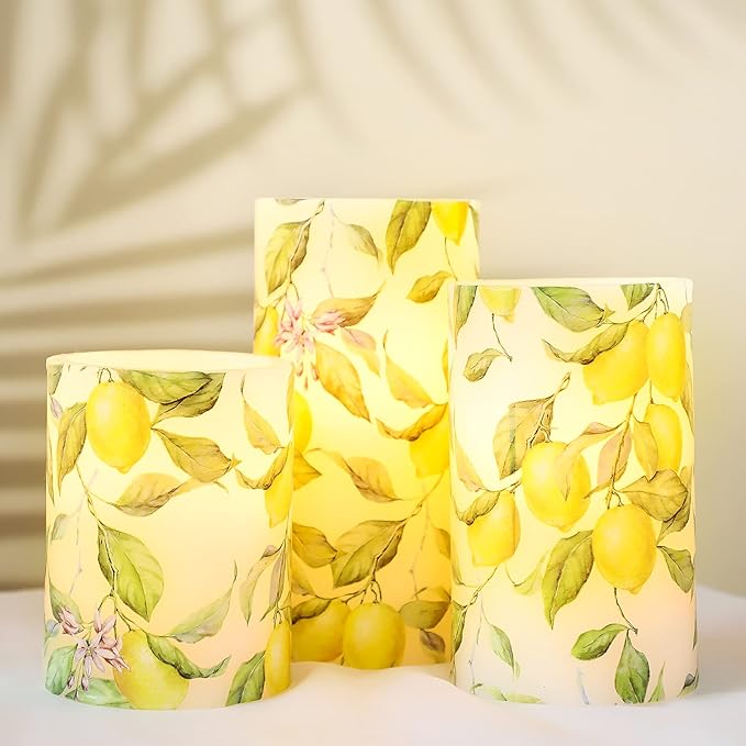 Flameless Candles Lemon Decor Battery Operated Lights with Remote Real Wax Flicker Electric Pillar Fake Candle for Home Bridal Shower Coffee Table Party Decorations Birthday Gifts for Women-VerdiqueGarden