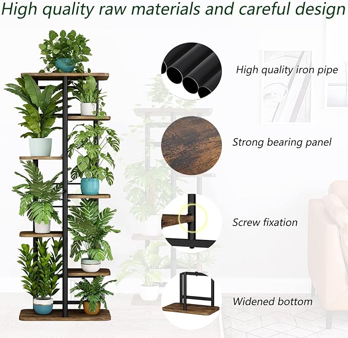 LINZINAR Plant Stand 7 Tier 8 Potted Multiple Flower Pot Holder Shelf Indoor Outdoor Planter Rack Storage Organizer for Patio Garden Corner Balcony Living Room (7 Tier-8 Potted, Black)-VerdiqueGarden