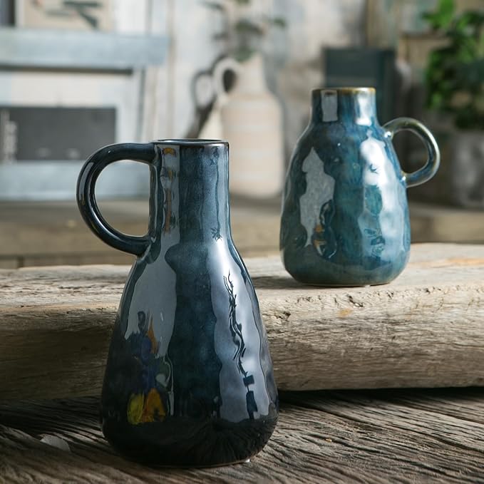 Ceramic Vase Set of 2, Blue Glazed Small Pottery Vases with Handles, Decorative Clay Vase Modern Farmhouse Decor, Centerpiece Dining Table Decorations Porcelain-VerdiqueGarden