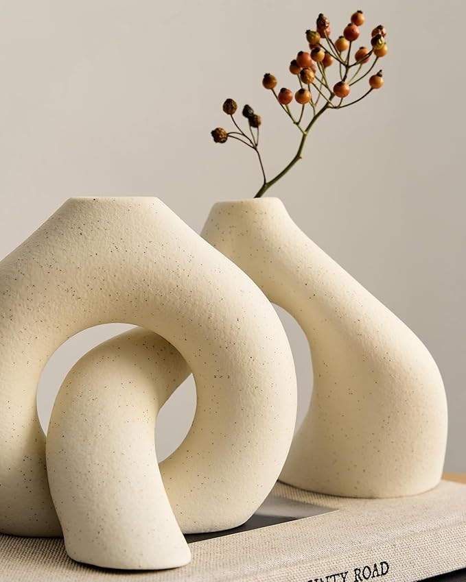 NOBULA White Ceramic Donut Vases – Modern Home Decor for Living Room, Bedroom & Table Centerpiece - Minimalist Nordic – Unique Vases for Olive Plant & Flowers – Decorative Coffee Table Vase Set of 2-VerdiqueGarden