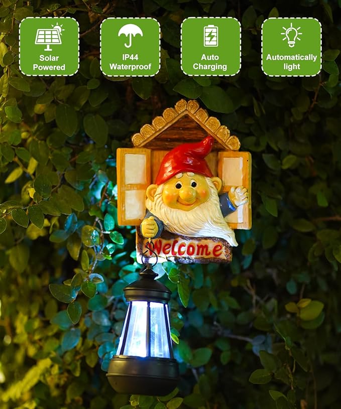 Gnome Tree Hugger with Solar Lantern - 10.6 Inch Resin Gnome Statue for Outdoor Garden Decor, Ideal Gnome Gifts and Gnome Statue Outdoor for Gnome Lovers-VerdiqueGarden