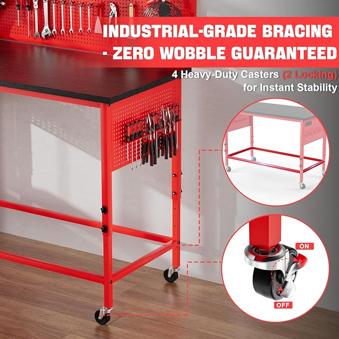47" Heavy Duty Adjustable Workbench with Power Outlets, Pegboard & Locking Wheels - 2100LB Capacity Garage Work Table, Compatible with Milwaukee Battery, Reinforced Steel Frame for Workshop & Home Use-VerdiqueGarden