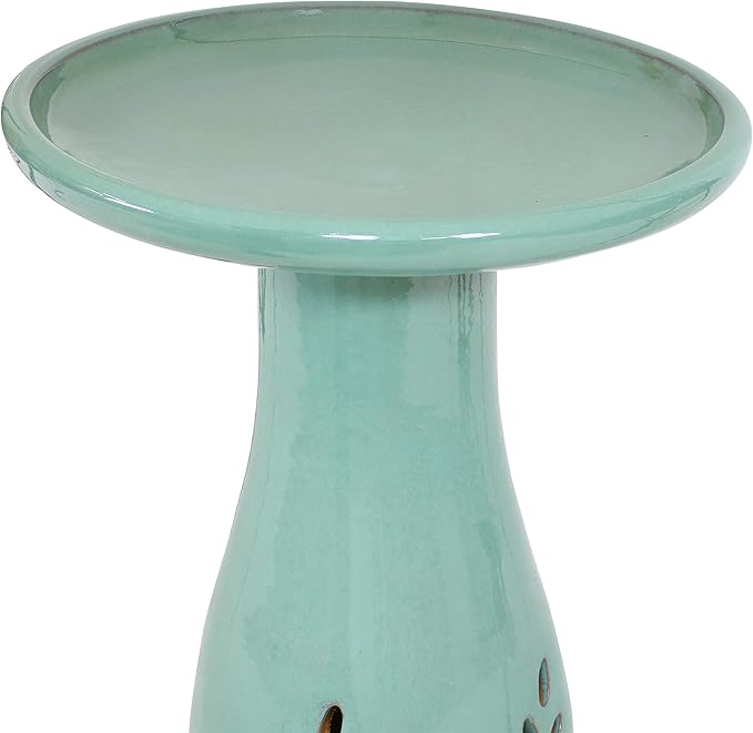 Sunnydaze 21" H Ceramic Bird Bath for Outside - Hand-Painted Outdoor Bird Bath Bowl, UV/Frost-Resistant Finish - Seafoam - Cut Out Pedestal-VerdiqueGarden