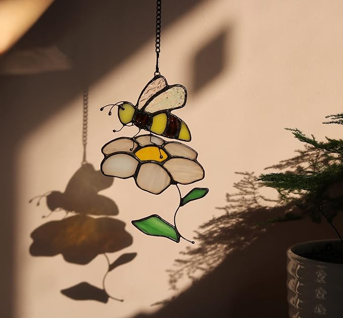 Bee Suncatcher Flower Stained Glass Window Hangings, Bee Decor Party Birthday Bee Gifts for Women,Bee Lovers, Housewarming Gifts.-VerdiqueGarden