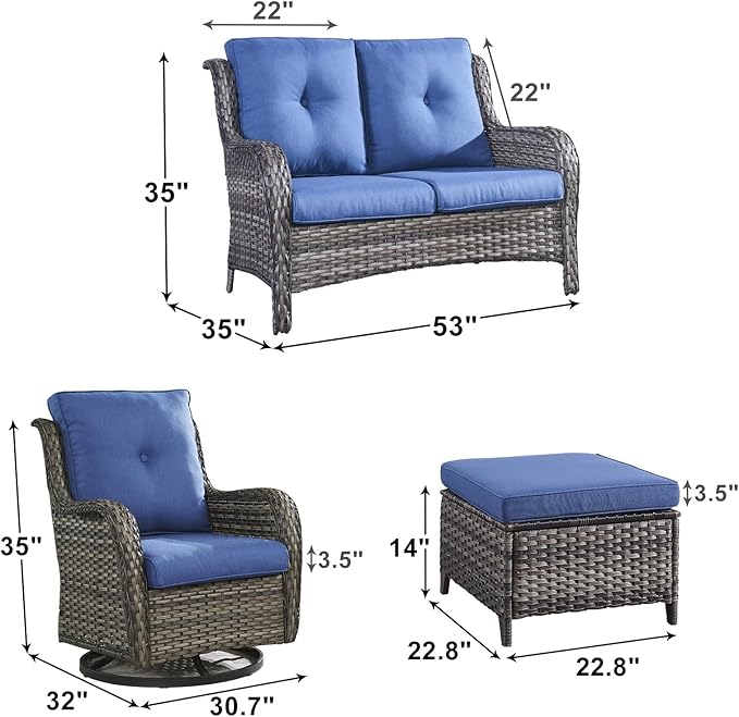 Outdoor Wicker Patio Furniture Set - 5 Piece Rattan Patio Conversation Set with 2 Rocking Swivel Chairs,2 Ottomans and 1 Loveseat for Porch Deck Backyard Garden(Mixed Grey/Blue)-VerdiqueGarden