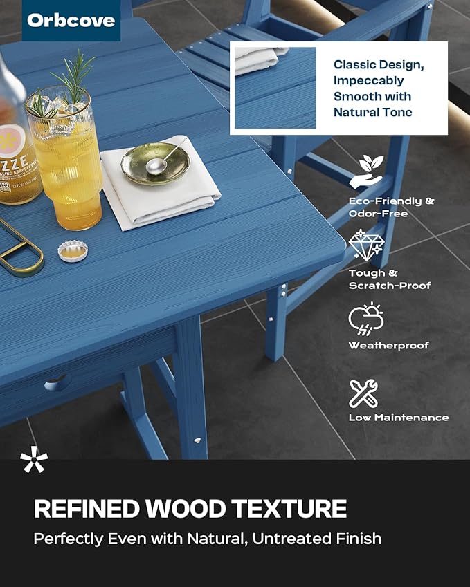 5-Piece Bar Height Outdoor Table and Chairs Set, HDPE Wood Grain Patio Bar Table and Chairs with Heart Cutout Design, Weather-Resistant Bar Height Furniture for Deck, Porch, Pool (Navy Blue)-VerdiqueGarden