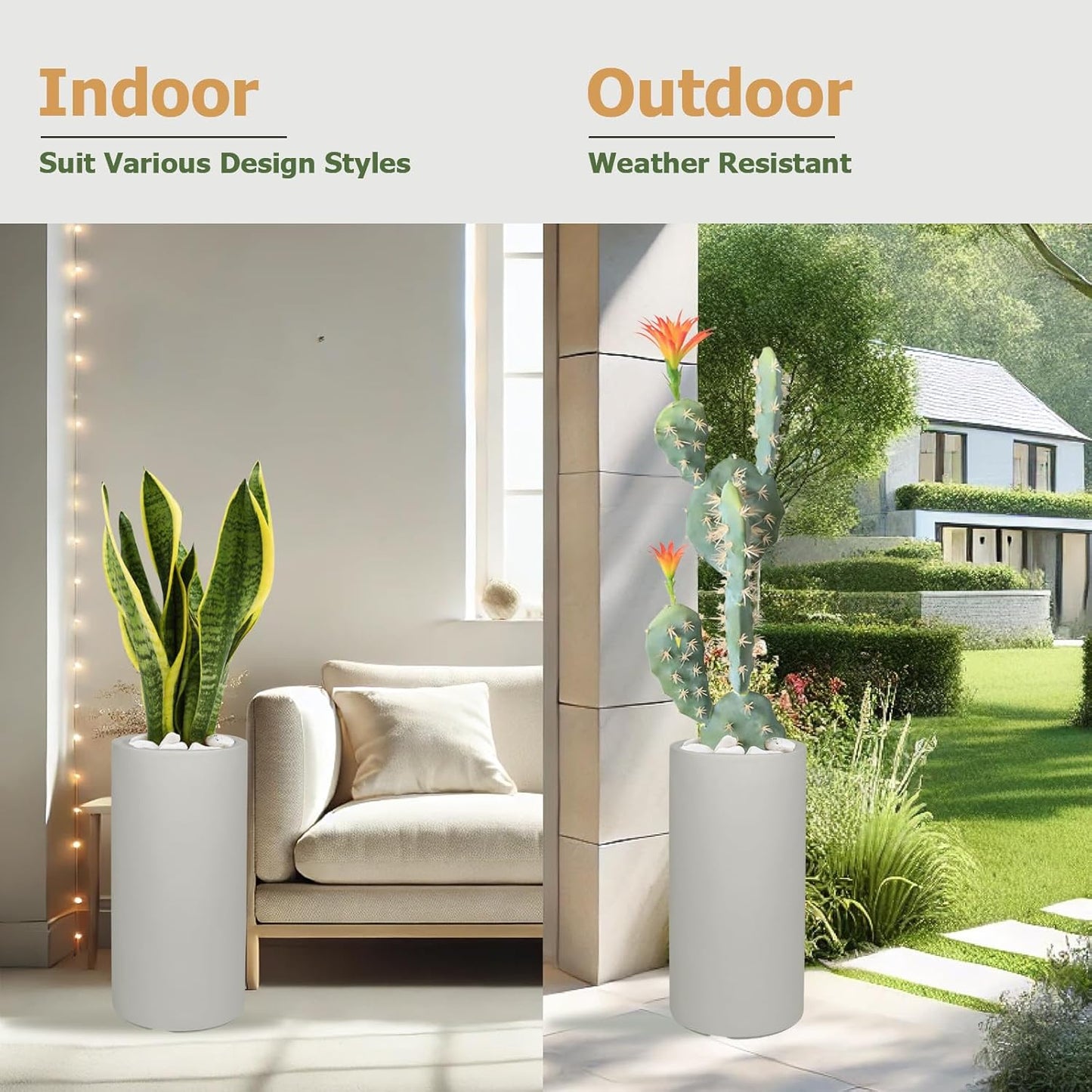 19.5" H x 9.8" D Tubo Fiberstone Cylinder Tall Planter with Drainage Hole, Smooth Finishes, for Indoor and Outdoor Use, Included 2 Extra Coco Mats (Light French Gray, 8.2" Pot Opening)-VerdiqueGarden