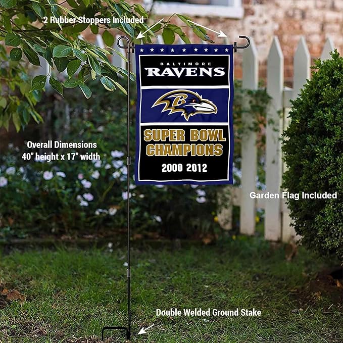 WinCraft Baltimore Ravens 3 Time Champions Garden Flag and Pole Stand Holder-VerdiqueGarden