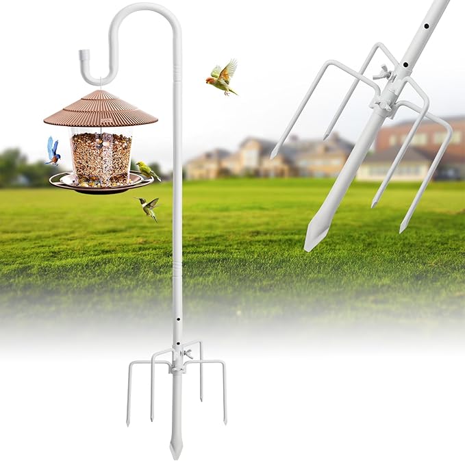Hummingbird Feeder Pole for Outdoors - Heavy Duty Bird Feeder Stand with Adjustable Stake,62" Rustproof Shepards Poles with Hangers Holder for Birdfeeder,Wind Chimes,Lanterns,Wreaths,White-VerdiqueGarden