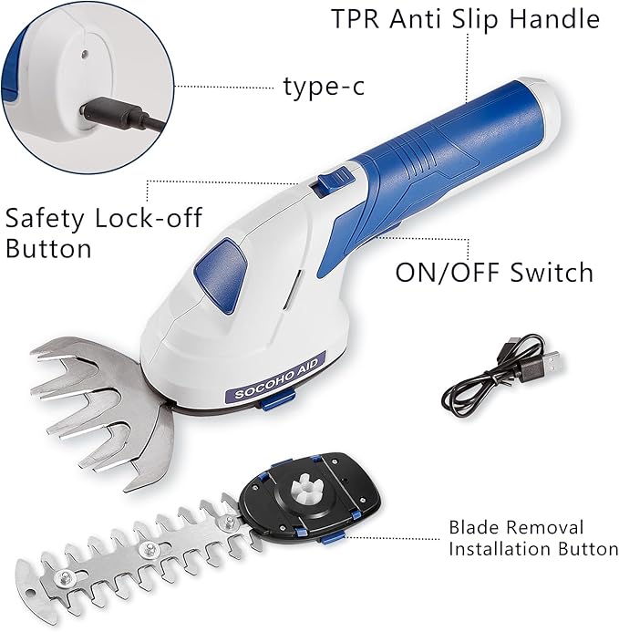 Cordless Hedge Trimmer Grass Shear - 2 in 1 Handheld 7.2V Electric Shrubbery Trimmer Grass Cutter Rechargeable Battery and Type-C-VerdiqueGarden