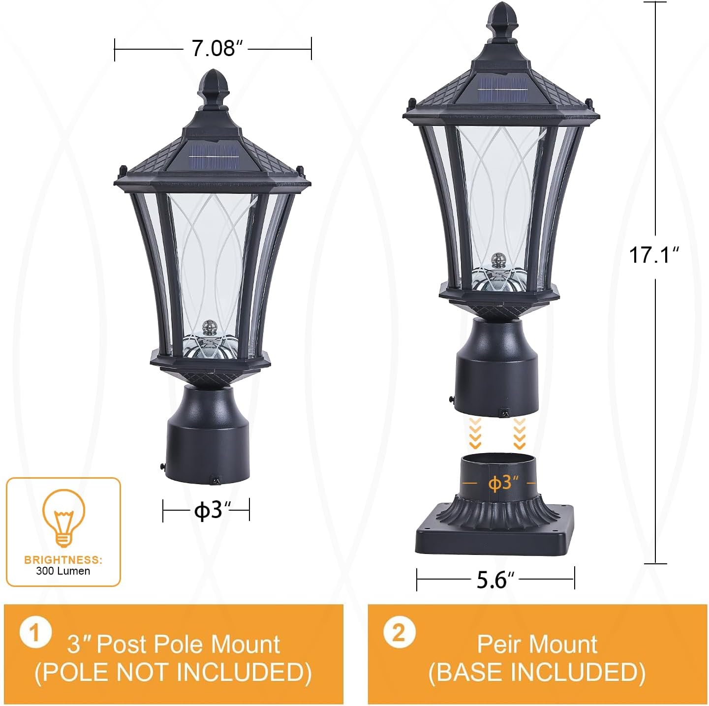 2 Pack Solar Lamp Post Lights with Pier Mount Base, Dusk to Dawn Outdoor Pillar Lights with Patterned Glass, Waterproof Exterior Pole Lamps Head for Driveway, Patio, Garden, Black-VerdiqueGarden