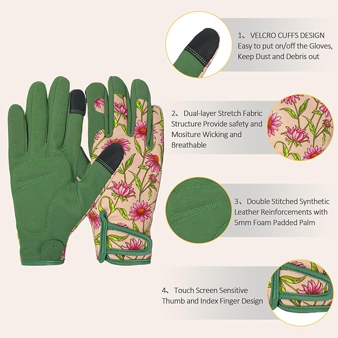 Gardening Gloves for Women, Garden Gloves with Touch Screen, Thorn Proof Puncture Resistant Working Gloves, Gardening Gifts for Women (Green with Pink Flowers, Medium)-VerdiqueGarden