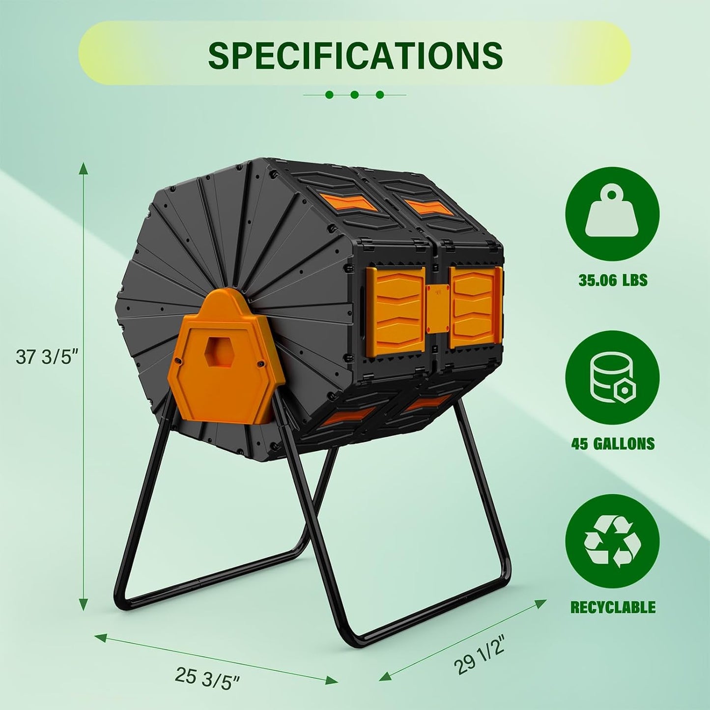 Compost Bin Outdoor, 45 Gallon / 170L Composter Tumbler, 360° Rotating Compost Bin Outdoor, BPA-Free Fast-Working All-Season Heavy-Duty Dual Chamber Compost Tumbler for Garden Kitchen Yard Waste-VerdiqueGarden