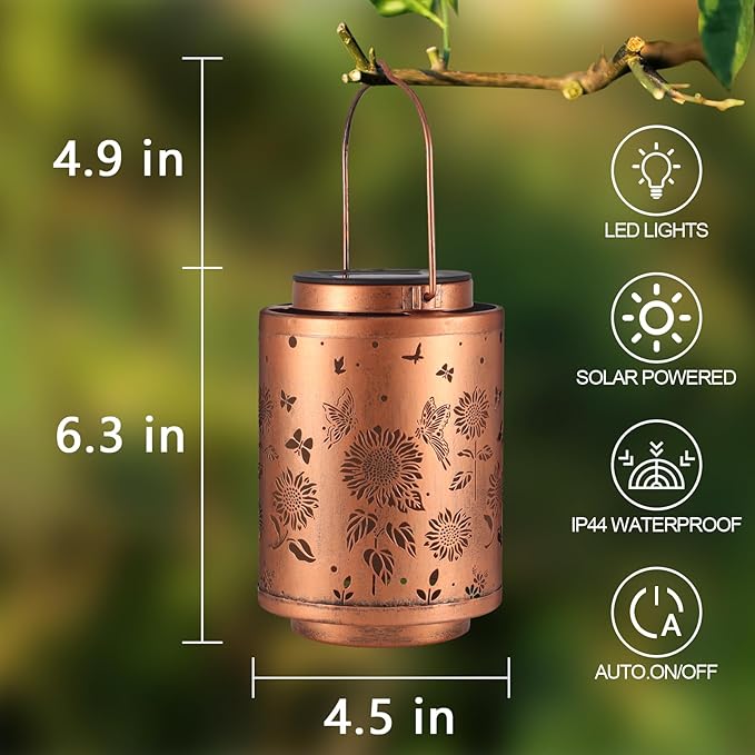 Solar Outdoor Hanging Waterproof Lantern Butterflies Garden Decor LED Light Solar Metal Lantern Gifts for Girl Women Solar Decoration for Patio Pathway Yard, Gold, T-DL-204-VerdiqueGarden