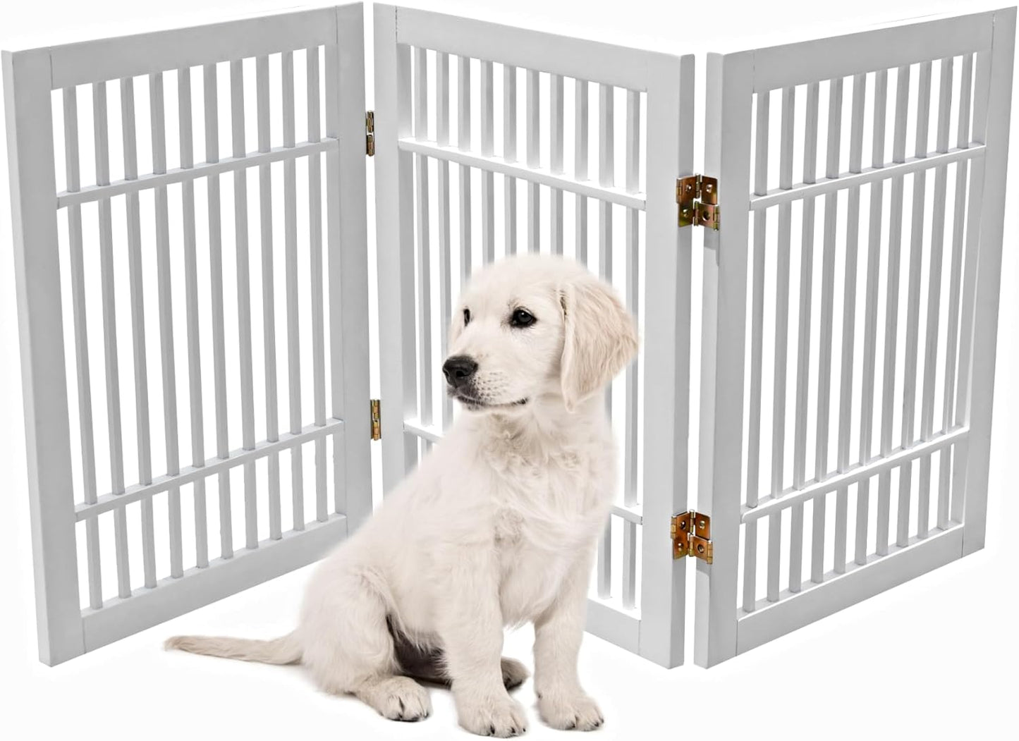 Pet Dog Gate Strong and Durable Freestanding Folding Acacia Hardwood Portable Wooden Fence Indoors or Outdoors by Urnporium (White Pet Gate, 3 Panel 24" Tall)-VerdiqueGarden