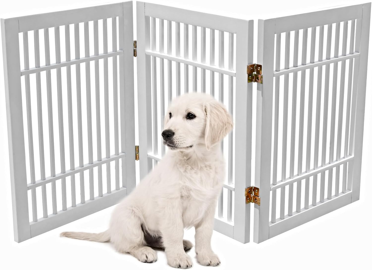 Pet Dog Gate Strong and Durable Freestanding Folding Acacia Hardwood Portable Wooden Fence Indoors or Outdoors by Urnporium (White Pet Gate, 3 Panel 24" Tall)-VerdiqueGarden