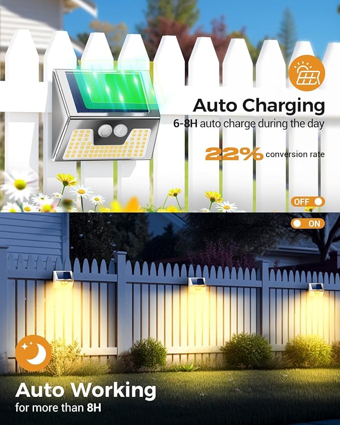 12 Pack Solar Lights Outdoor Motion Sensor, Waterproof Fence Lights 3 Lighting Mode, Warm White LED Outside Lights Wireless for Fence Wall Yard Steps Stairs Garden - Stainless Steel-VerdiqueGarden