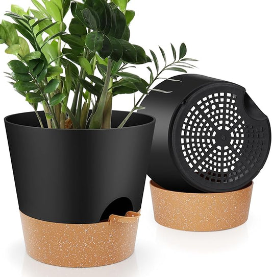 10-Inch Plant Pots, Self-Watering Planters with Drainage Holes & Saucers for Indoor and Outdoor Plants (2-Pack, Black)-VerdiqueGarden