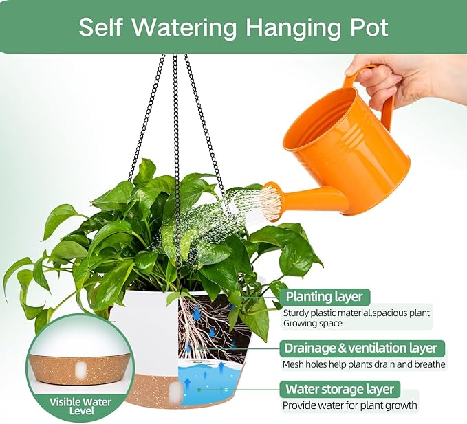 QCQHDU 2 Pack 10 inch Hanging Planters for Indoor Plants, Outdoor Hanging Baskets, Self Watering Pots with Drainage Holes & Removable Tray (White, 10 inch)-VerdiqueGarden
