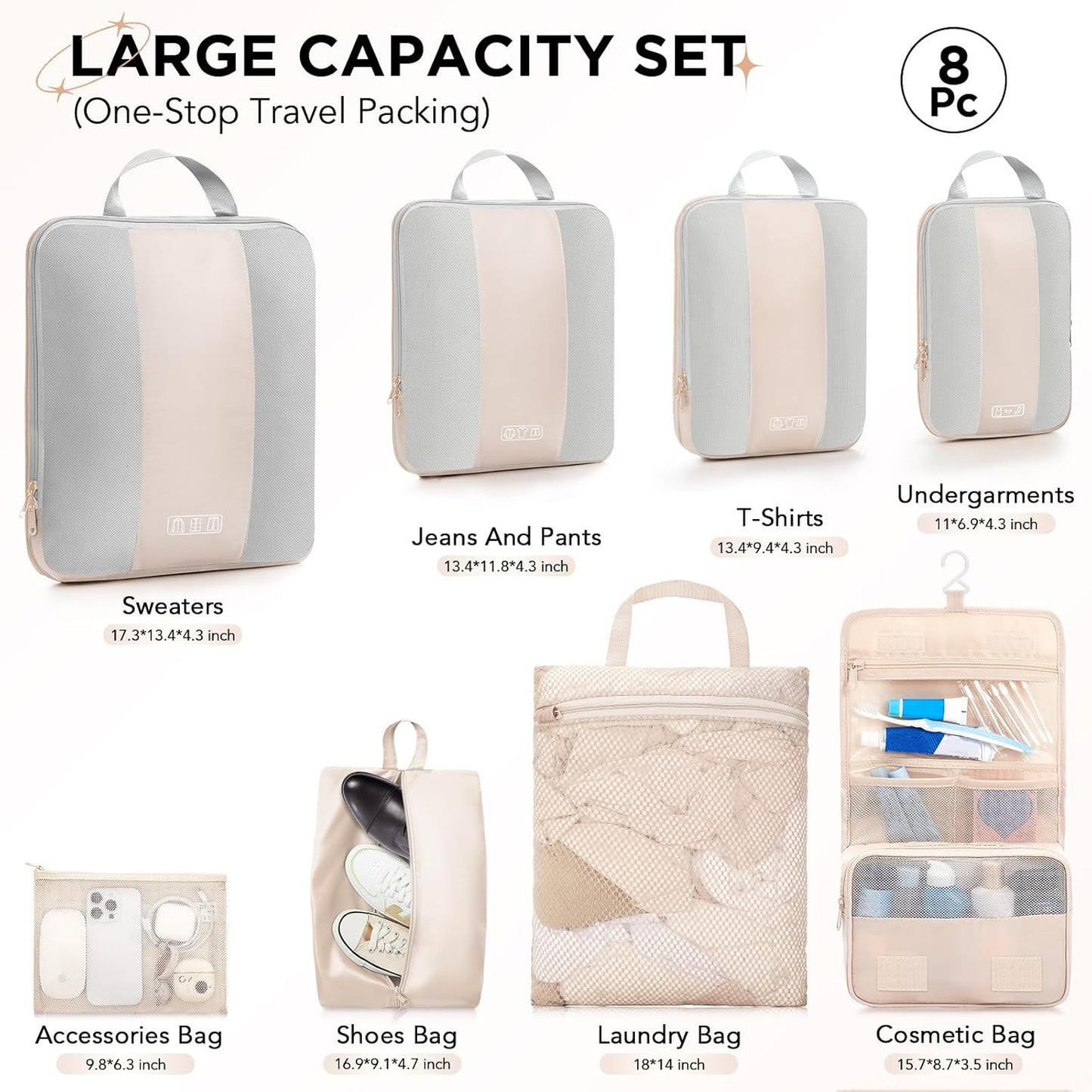 8 Set Compression Packing Cubes for Travel Essentials,Compressible Expandable Packing Cubes for Suitcase,OlarHike Luggage Organizer Bags for Travel,Handy Helper for Organizing Clothes(Beige)-VerdiqueGarden