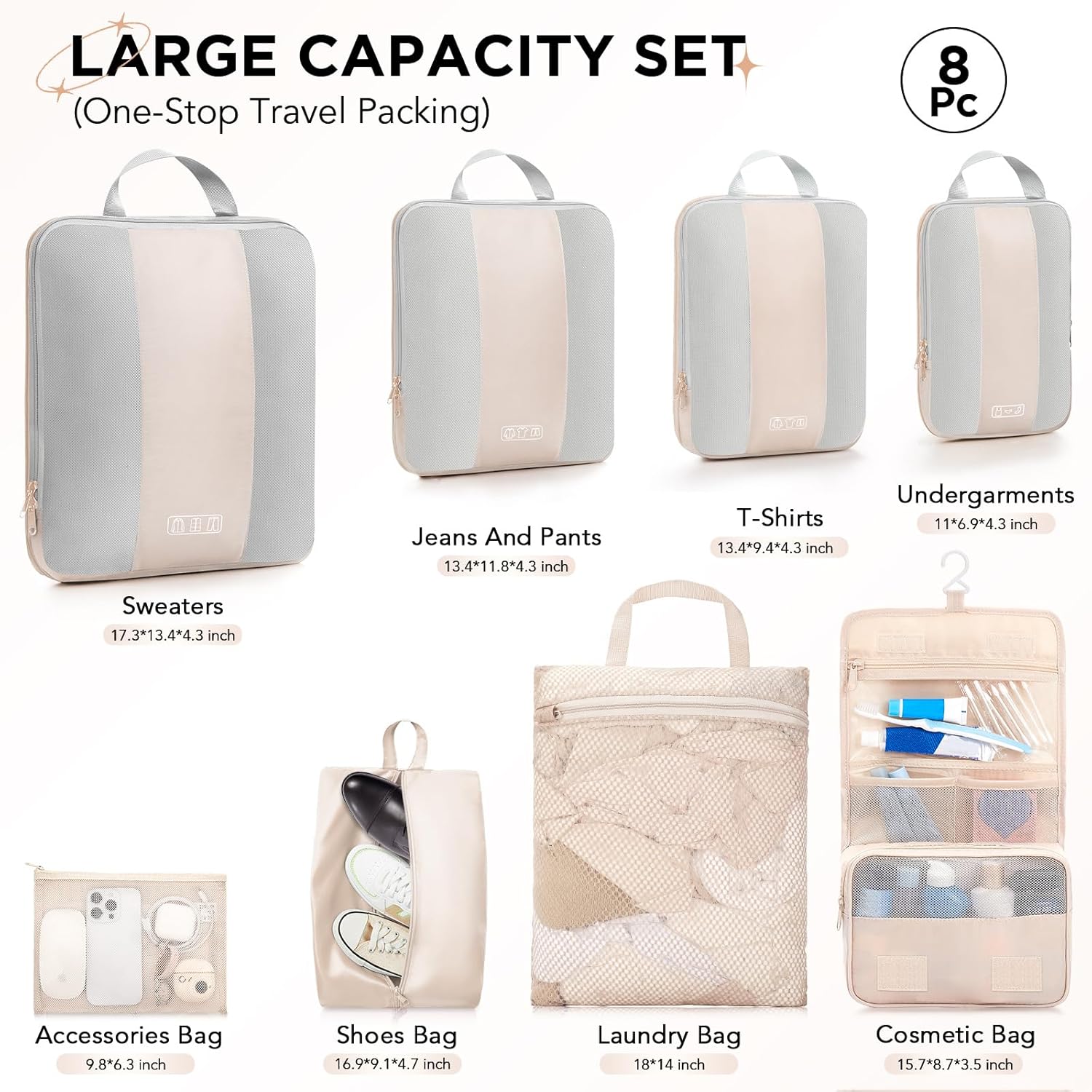 8 Set Compression Packing Cubes for Travel Essentials,Compressible Expandable Packing Cubes for Suitcase,OlarHike Luggage Organizer Bags for Travel,Handy Helper for Organizing Clothes(Beige)-VerdiqueGarden