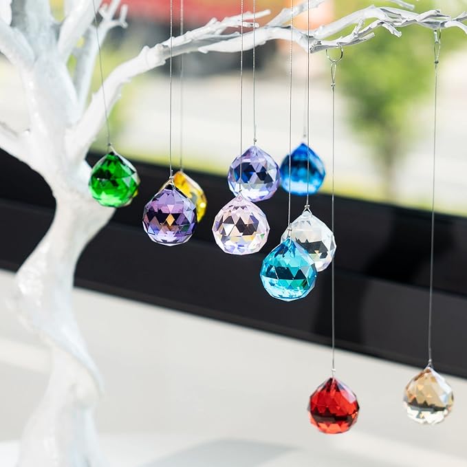 10 Pack Crystal Ball 1.18"/30mm Prism Sun Shine Catcher Rainbow Pendants Maker, Hanging Crystals Prisms for Windows, for Feng Shui, for Gift (Multi-Colors)-VerdiqueGarden