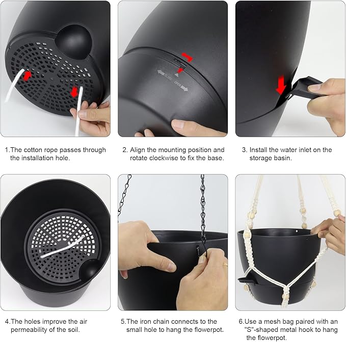 10 inch Self Watering Hanging Planters, 2 Pack Hanging Baskets for Indoor Outdoor Plants, Hanging Flower Pots with Drainage Holes & 2 Kinds of Plant Hangers for Garden Home Decor, Black-VerdiqueGarden