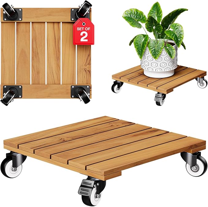 Idzo 2-Pack 12 Inch Acacia Wood Rolling Square Plant Caddy for Plant Pots, Heavy Duty Plant Stand with 360° Lockable Wheels, 264 lbs Capacity Caddy for Indoor and Outdoor Use, Natural Wood-VerdiqueGarden