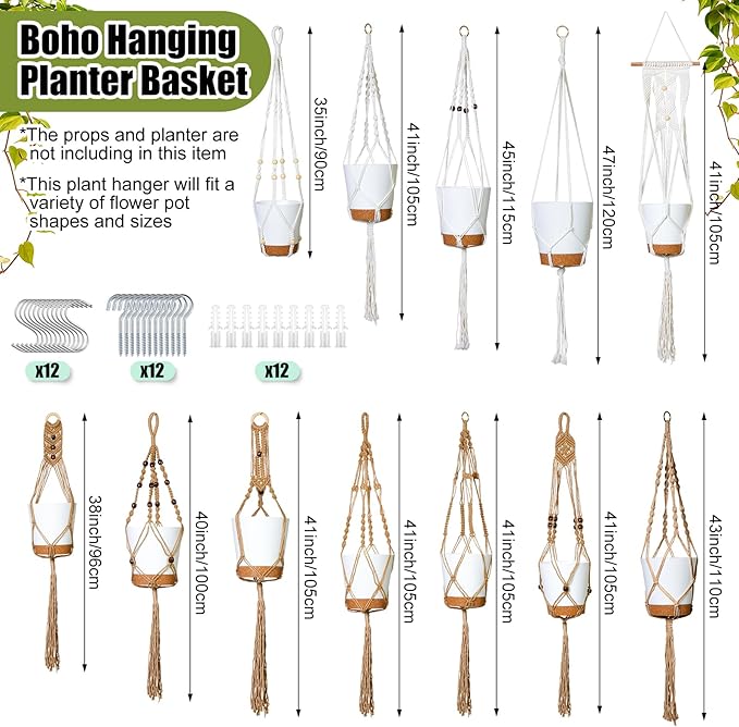 Hoteam 12 Pcs Macrame Plant Hangers Macrame Hanging Planters for Indoor Plants Handmade Boho Hanging Baskets Flower Pots Holder for Outdoor Home Wall Decor-VerdiqueGarden