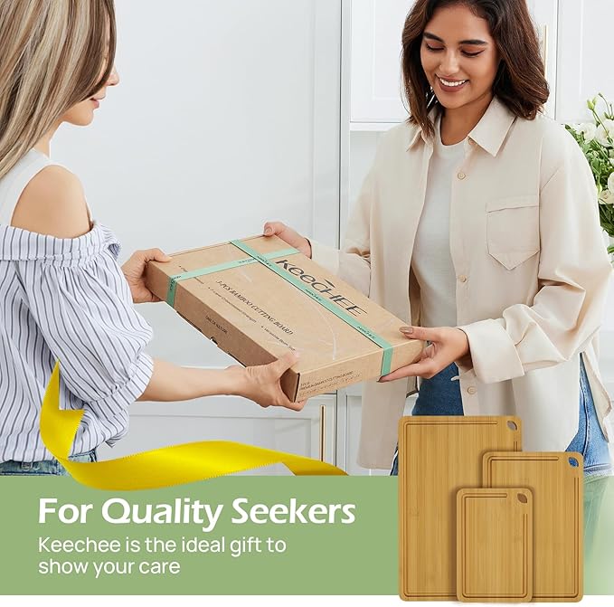 Wood Cutting Board for Kitchen - Reversible Bamboo Cutting Boards Gift Set of 3 with Juice Groove, Wooden Chopping Board for Meat, Fruit, Vegetables & Cheese (Pre Oiled, Natural)-VerdiqueGarden