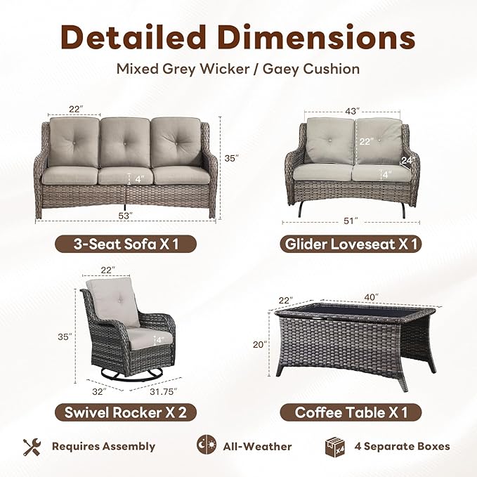 5 Piece Outdoor Patio Furniture Set - Outdoor Conversation Couch and Loveseat Glider Chair Furniture Set with Rattan Coffee Table for Deck Balcony Poolside Gray Wicker/Grey Cushions-VerdiqueGarden