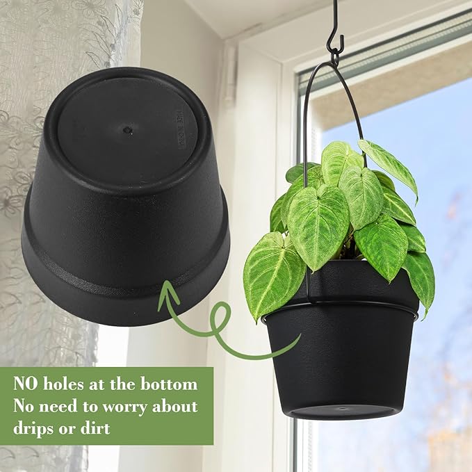 Hushee 6 Packs Metal Hanging Planters for Outdoor Indoor Plants Plant Hanger with 6.3'' Plastic Pots Hanging Planter Basket for Garden Home Porch Decor-VerdiqueGarden