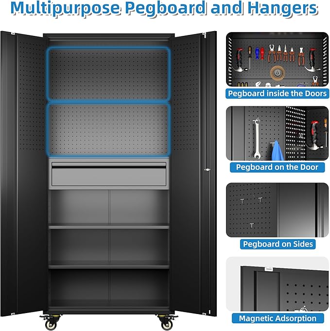 Metal Garage Cabinet with Wheels,71''H Rolling Lockable Steel Tool Cabinet with Pegboard & 1 Drawer for Garage,Home,Office Assembly Required,Black/Red-VerdiqueGarden