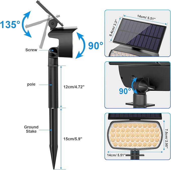 108 LED Solar Spot Lights Outdoor, Solar Lights Outdoor IP65 Waterproof, 3 Modes Solar Landscape Spotlights, Large Solar Panel Solar Powered Lights for Garden Yard Pathway(Warm White/4 Pack)-VerdiqueGarden