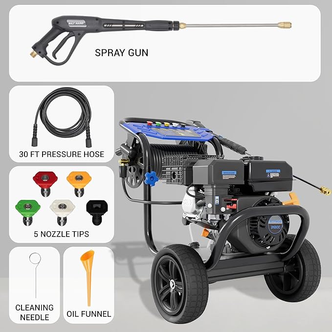 3600 PSI Gas Pressure Washer, 2.3 GPM Heavy-Duty Power Cleaner with 212CC Engine, 5 Quick-Connect Nozzles, 30FT Hose & Reel, Maintenance-Free Axial Cam Pump, for Commercial, Home Cleaning-VerdiqueGarden