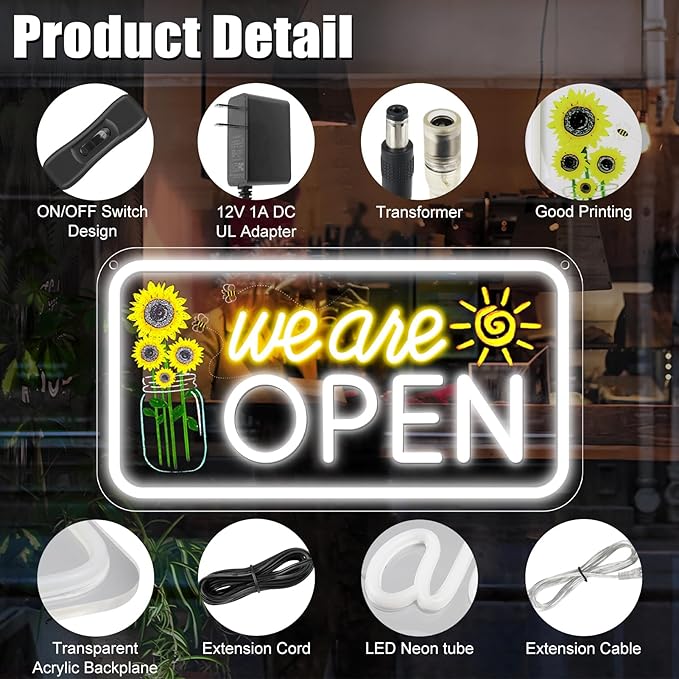 Neon We are Open Signs for Business, 16.5x9'' Open Sign with Printed Flower and Sun, with ON/OFF Switch & Adapter, Daylight White, Ideal for Window, Party, Wall, Bars, Coffee Shops, Salons, Clubs, Hotels-VerdiqueGarden