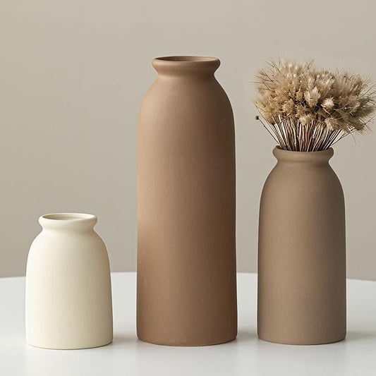 Ceramic Vase Set-3, Small Flower Vases for Decor, Modern Boho Farmhouse Style, Decorative Vases for Pampas Grass & Dried Flowers, Distressed Finish (Earth Tone)-VerdiqueGarden