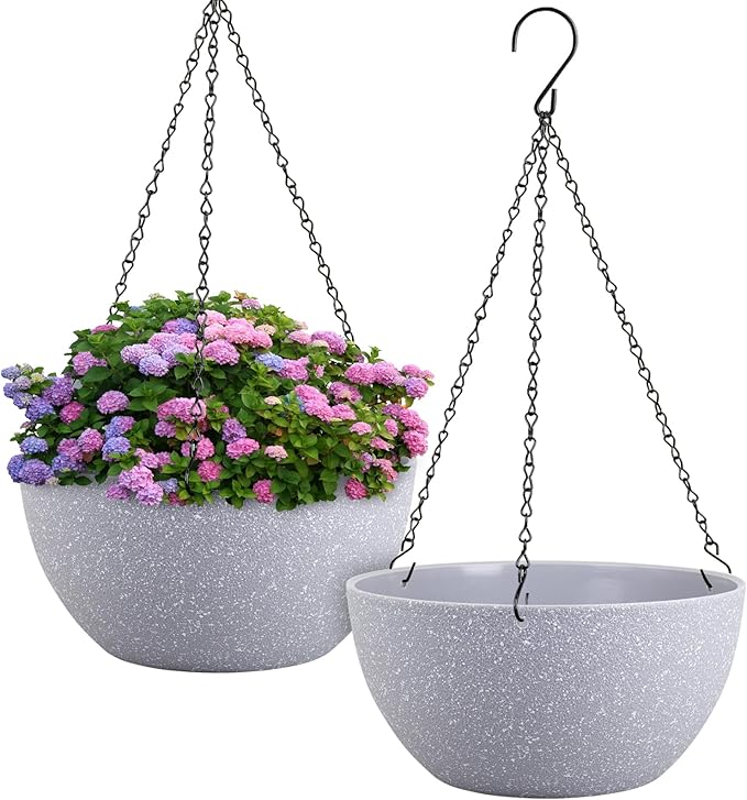 12 inch Large Hanging Planters for Indoor Outdoor Plants, 2 Pack Hanging Flower Pots with Drainage Holes and Chain for Garden Porch, Plastic Hanging Baskets for House Plants, Speckled Grey-VerdiqueGarden