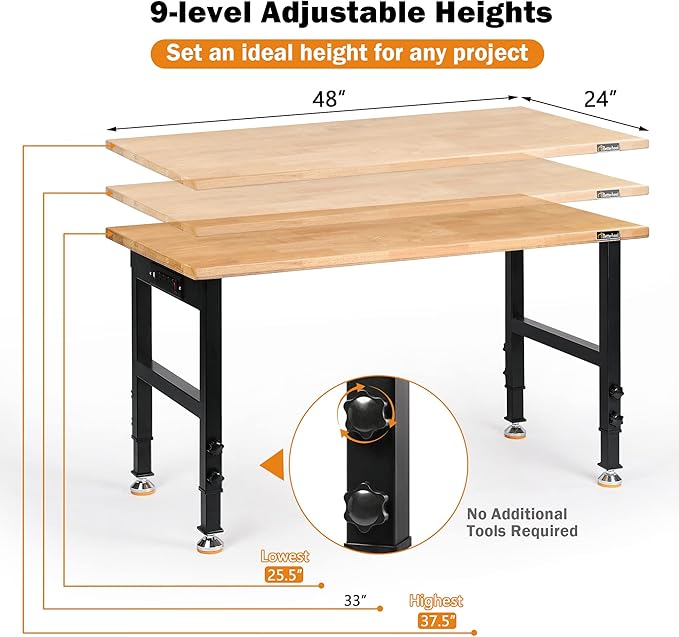 Adjustable Height Workbench, 48" Rubber Wood Top Heavy Duty Workstation with Power Outlets, 2000 LBS Load Capacity Hardwood Worktable for Workshop, Garage, Office, Home, Commercial-VerdiqueGarden