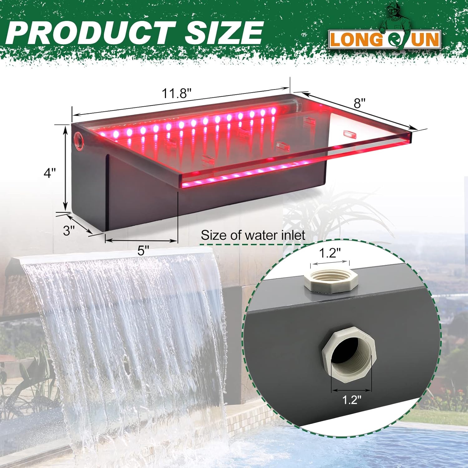 LONGRUN Waterfall Spillway APP Control Multi-Color LED Light Outdoor Pool Fountain, Acrylic Water Spillway Koi Pond Waterfalls Fountains Kit for Garden Patio Swimming Pool Decoration-11.8"-VerdiqueGarden